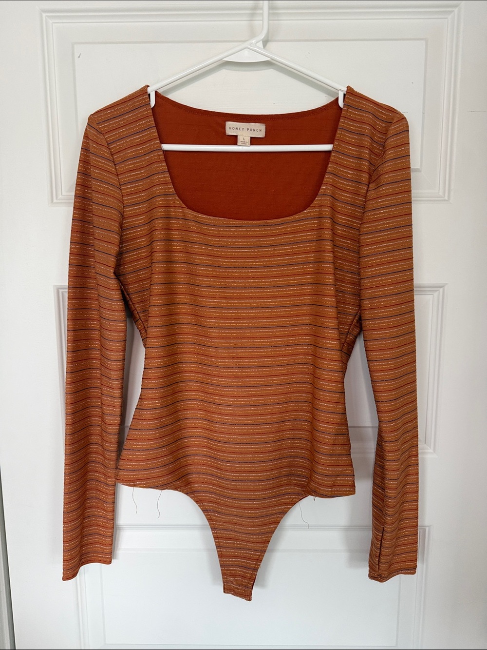 Honey Punch Orange Rust Striped Long-Sleeve Bodysuit